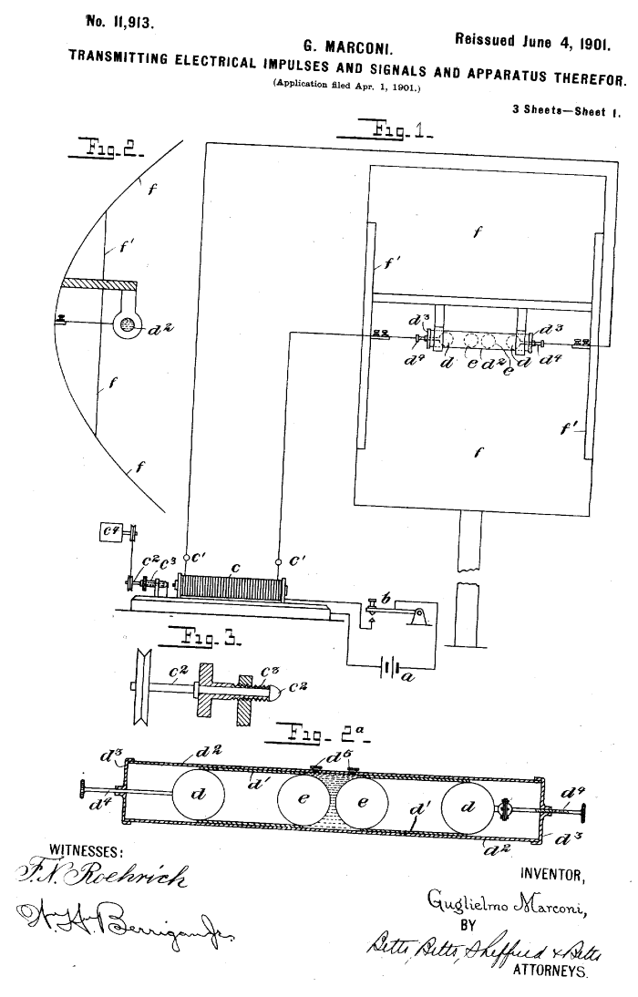 Marconi&rsquo;s initial radio patent drawing from 1901